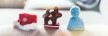 Variety of tiny holiday hats such as Santa, reindeer and knitted blue beanie with pom pomの写真素材