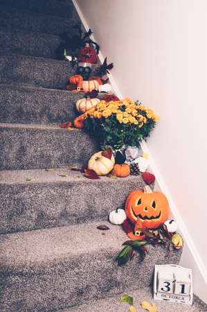 Different types of pumpkins and decorations on stairs indoor. New Normal or Halloween during pandemic at home concept. Stay home, be safe.の写真素材