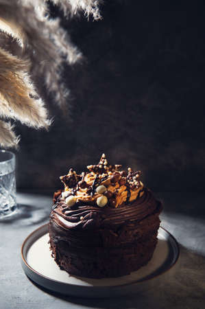 Tiny triple chocolate cake decorated with chocolate frostingの写真素材