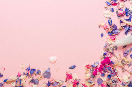 Dried Flower Petals, Decorative Real Flowers as biodegradable confetti or decoration, New Trendy and Eco friendly Decor, flat lay close upの写真素材