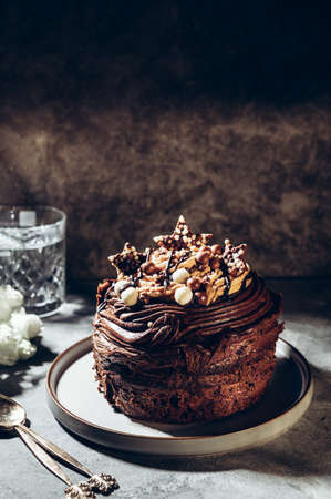 Tiny triple chocolate cake decorated with chocolate frostingの写真素材