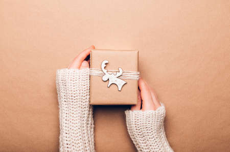 Hands are holding gift, wrapped in recycled brown paper with handmade toppers , christmas background...