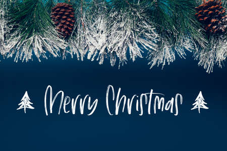 Merry Christmas white text. Christmas Tree Branches as a Frame on dark blue background