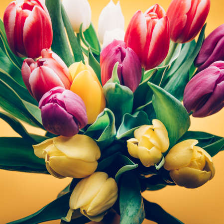 Beautiful Bunch of Colorful Classic Tulips in the Vase on yellow background, spring holiday concept, view from aboveの写真素材
