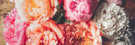 Abundance of Fresh bunch of Peonies Bouquet of different pink colors on light background. Card...
