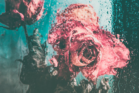 Dried orange roses. Bunch of beautiful faded flowers through the glass with rain drops. Sad love concept. Copy space, grey background, toned imageの写真素材