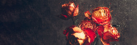 Dried orange roses. Bunch of beautiful faded flowers through the glass with rain drops. Sad love...