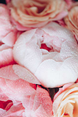 Fresh bunch of pink peonies and roses. Card Concept, pastel colors, close up imageの写真素材