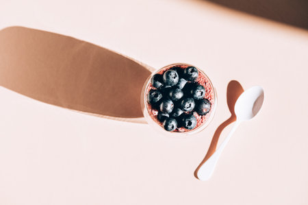 Healthy chia pudding in a glass with fresh blueberriesの写真素材