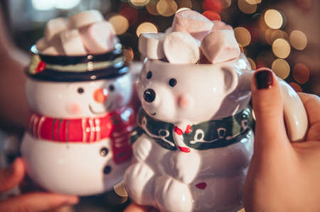 Xmas 3d mugs with warm hot chocolateの写真素材