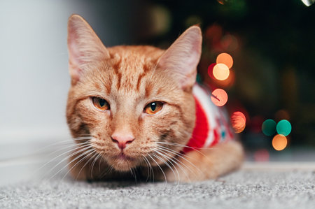 Cute ginger cat in xmas jumperの写真素材