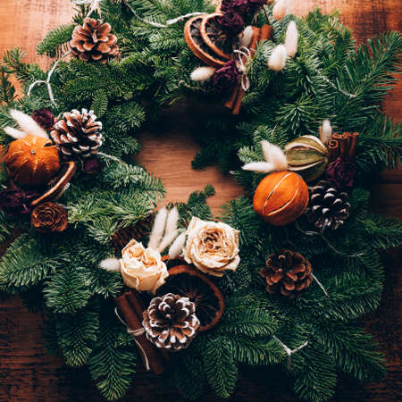 Process of making christmas wreathの写真素材