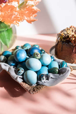 Homemade naturally dyed eggs in blue colorsの写真素材