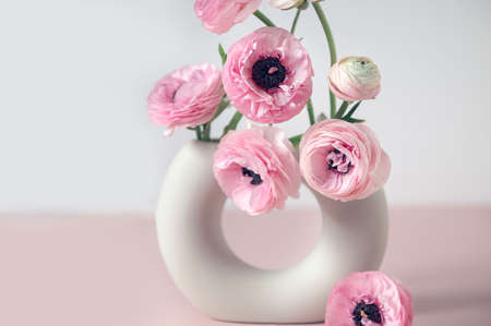 Tender ranunculus flowers in ceramic vase