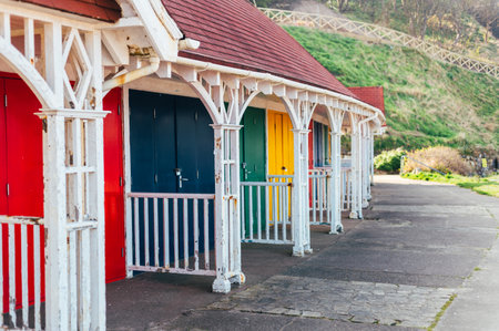 Old beach huts at Scarborough, UKの写真素材