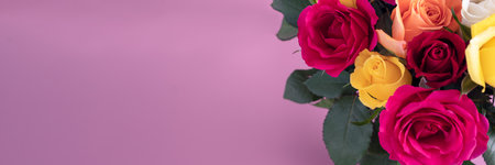 Bunch of colorful roses. Beautiful bouquet of roses in variety of colors on dusty pink background with copy space, banner sizeの写真素材
