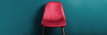Modern Velour Chair Viva Magenta, color of the year 2023 on wooden legs, blue background, banner sizeの写真素材
