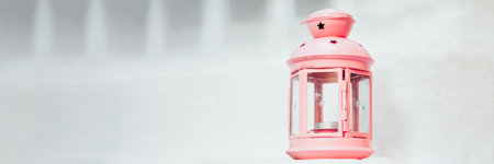 Pink Lantern for candle on white stairs near Cycladic houses in Greeceの写真素材