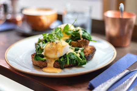Healthy balanced breakfast with poached eggs, spinach and hollandaise sauce on toasted sourdough breadの写真素材