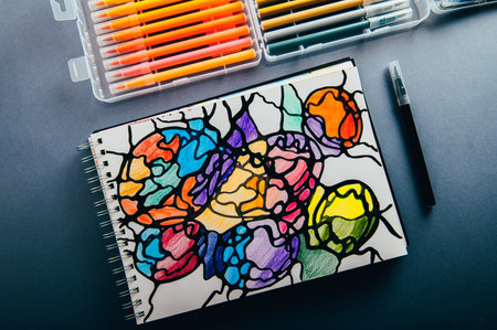 Colorful neurographic drawing on paper with color pencils and markers. Psychological therapy...