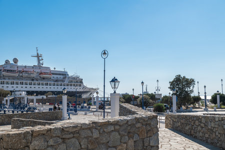 Mykonos, Greece: July 11, 2022: Mykonos ferry port during hot summer day, Mykonos island, Cyclades Greeceのeditorial素材
