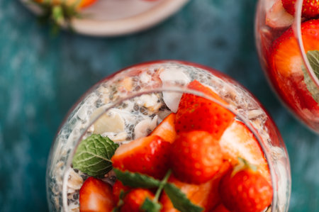 Healthy chia pudding in a glass with fresh strawberries made from almond milk and berry juice. Perfect breakfast for healthy start of the dayの写真素材