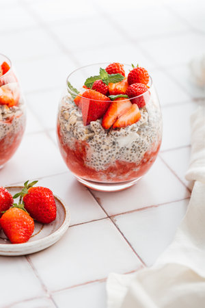 Healthy chia pudding in a glass with fresh strawberries made from almond milk and berry juice. Perfect breakfast for healthy start of the dayの写真素材