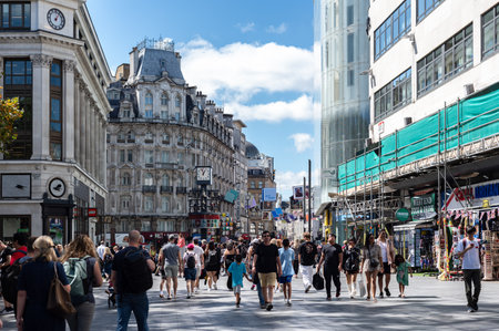 London, United Kingdom - August 21, 2023: Busy summer streets and parts of Soho near Piccadilly...