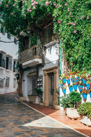 Marbella, Malaga, Spain - November 4, 2023: City streets of Marbella in Costa del Sol, Spain. The Old Town, iconic streets in Marbella and major tourist attractions with shops and bars at city centreのeditorial素材