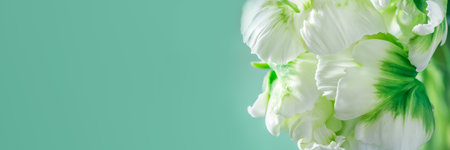 Beautiful Bunch of White Parrot Style Tulips in the Vase on white background, spring holiday concept, art background, banner sizeの写真素材