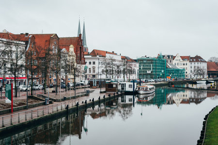 Lubeck, Germany - February 13, 2024: Lubeck city centre in region Schleswig-Holstein, Germany. Hanseatic City. Old Town architecture.のeditorial素材