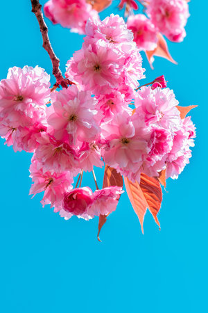 Beautiful Pink Sakura flowers, cherry blossom during springtime against blue sky