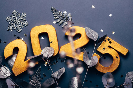 Happy New Year 2025. Golden digits 2025 with glitter on grey background. Holiday Party Decoration or...