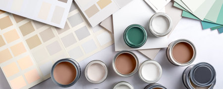 Tiny sample paint cans during house renovation, process of choosing paint for the walls, Mocha Mousse color of the year 2025, color charts on background, banner sizeの写真素材