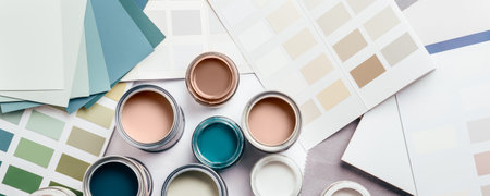 Tiny sample paint cans during house renovation, process of choosing paint for the walls, Mocha Mousse color of the year 2025, color charts on background, banner sizeの写真素材