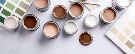 Tiny sample paint cans during house renovation, process of choosing paint for the walls, Mocha Mousse color of the year 2025, color charts on background, banner sizeの写真素材