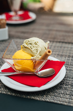 Italian coffee break in cafe during holiday season with pistachio and mango gelatoの写真素材