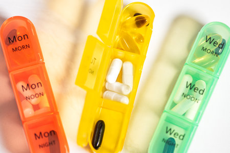 7 Day Weekly Pill Box for 3 Times a Day (Morning, Noon, Night), Daily Portable Travel Pill Box Organiser with different pills or vitamins insideの写真素材