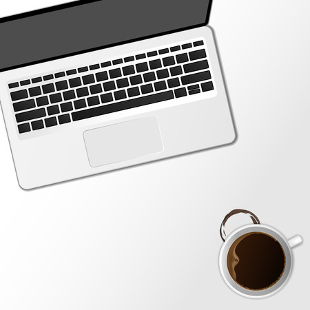 Realistic ceramic coffe cup in top view with blank screen laptop.のイラスト素材