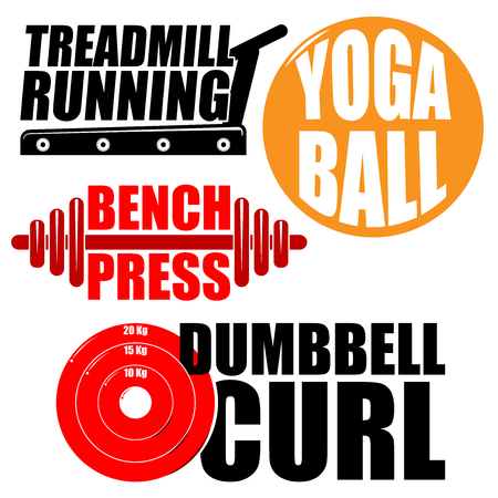 Healty fitness section with treadmill, bench press, yoga ball and dumbbell curlのイラスト素材