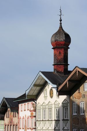 bavarian wooden steeple and facades, Bad Tölz, Germanyの写真素材