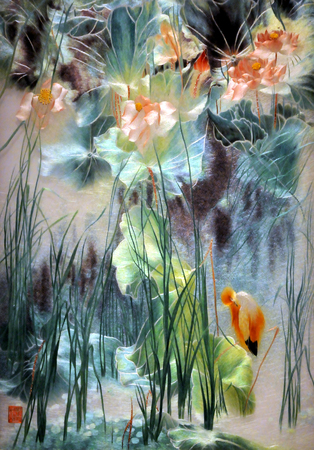 Lotus bird embroidery embroidery craft materialsのeditorial素材