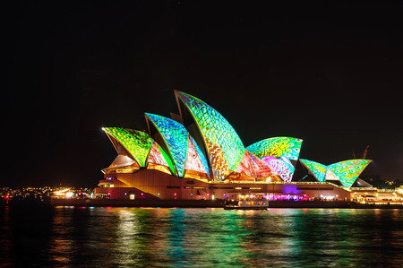 Sydney Opera House shown during Vivid Sydney: A Festival of Light, Music & Ideas on May 23, 2014 in Sydney, Australia.のeditorial素材
