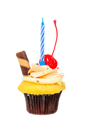 Cake, cherry chocolate cupcake isolated on white backgroundの写真素材