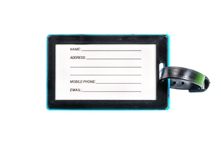 Black plastic suitcase label isolated on white backgroundの写真素材
