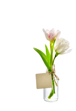 Pink flower in clear bottle with label on white backgroundの写真素材