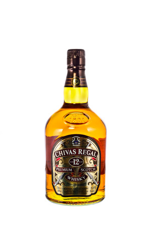 SYDNEY, AUSTRALIA - February 9, 2016: Bottle of Chivas Regal on white background, Chivas Regal  Blended Scotch Whisky aged twelve years. Chivas Regal is a premium Blended Scotch Whisky produced by Chivas Brothers since 1801のeditorial素材