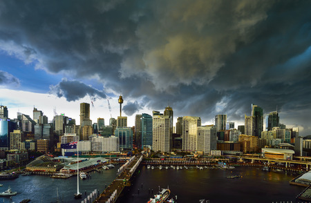 SYDNEY, AUSTRALIA - May 8, 2015 : Thunderstorm over the Sydney Darling Harbour, adjacent to the city centre of Sydney and also a recreational place in Sydney central business districtのeditorial素材