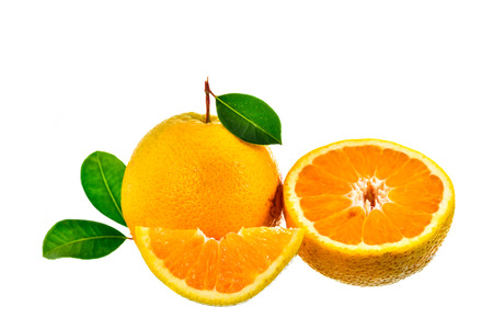 Orange fruit with leaves isolated on white backgroundの写真素材
