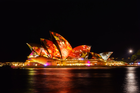 SYDNEY, AUSTRALIA - May 27, 2016, Sydney Opera House illuminated with colourful light design imagery, during the Vivid Sydney 2016 annual public event.のeditorial素材